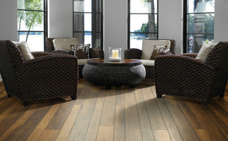 Two plush chairs on medium brown Laminate Planks in Living Room